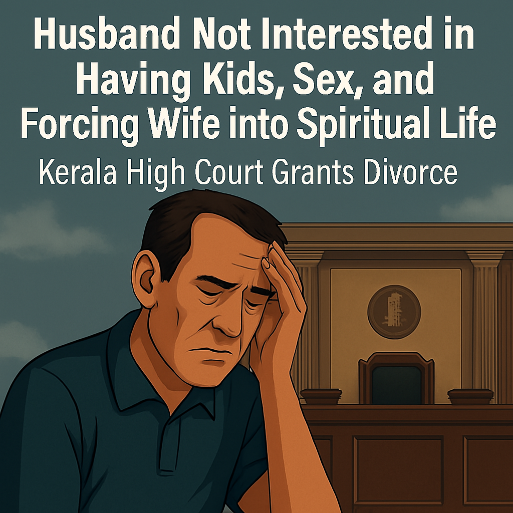 A distressed middle-aged man holding his forehead, with a court in the background, symbolizing the Kerala High Court case where a husband was disinterested in family life and forced his wife into a spiritual lifestyle.